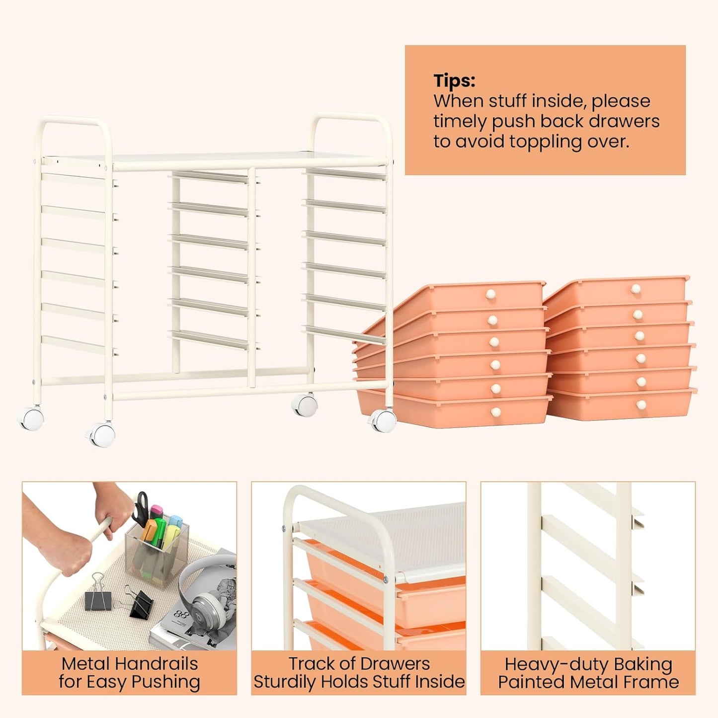 Giantex 12 Drawers Rolling Cart, Mobile Storage Drawer Cart, Classroom Organizer Cart for Office School Supplies Tools Scrapbook Paper Craft Small Printer, Utility Cart on Wheels, Peach Fuzz