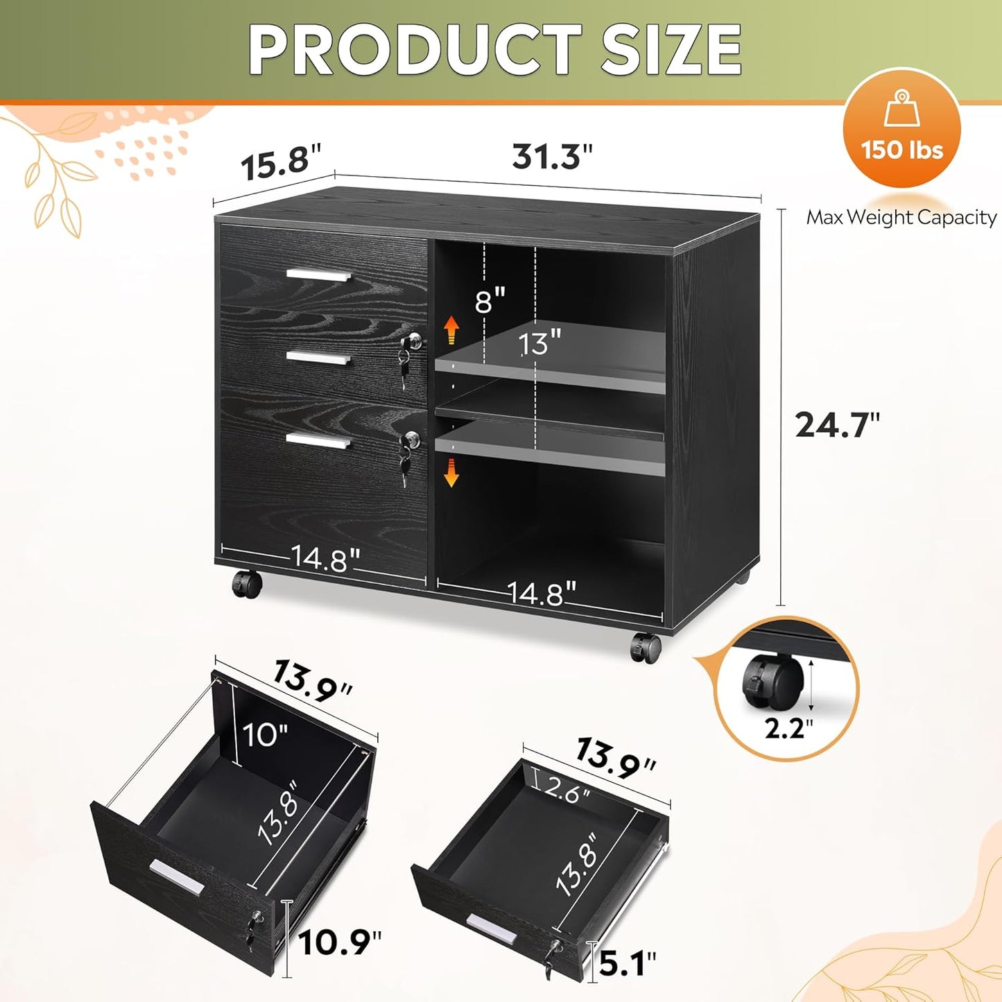 DEVAISE 3-Drawer Wood File Cabinet with Lock, Mobile Lateral Filing Cabinet, Printer Stand with Open Storage Shelves for Home Office, Black