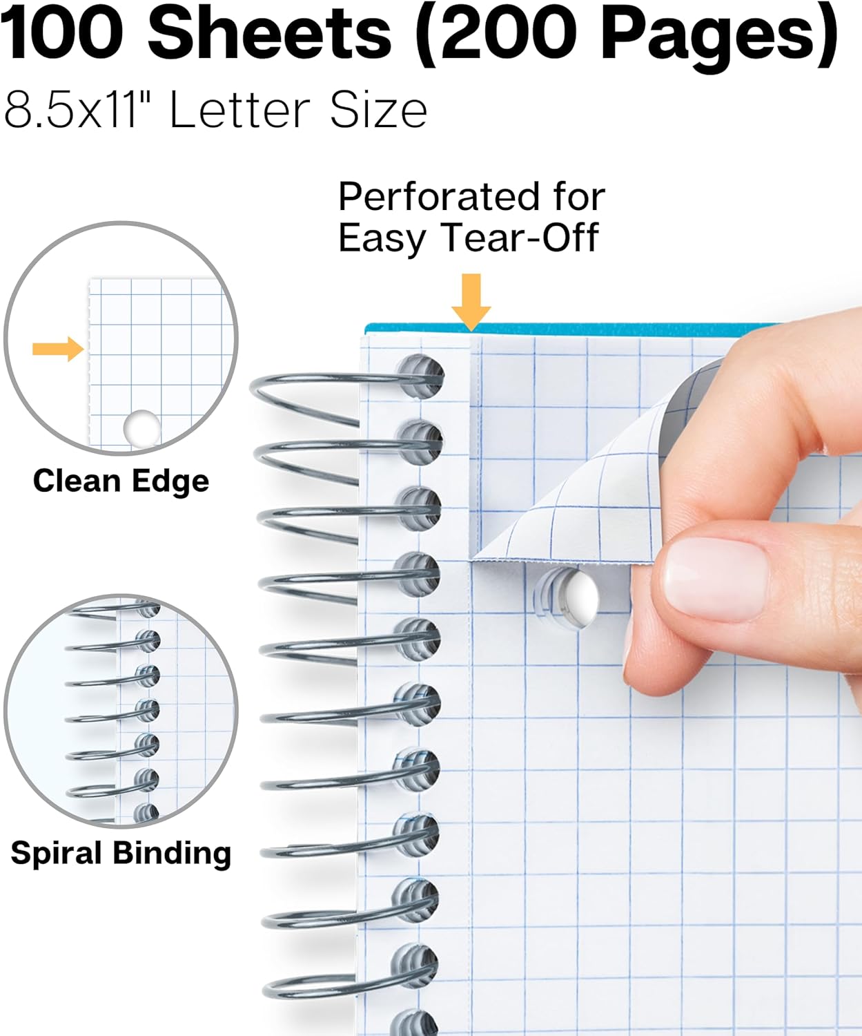 Dunwell Graph Paper Notebook 8.5 x 11 (Blue) Plastic Cover, 100 Sheets (200 Pages), 4x4 Squares, 1 Subject Graph Paper Spiral Notebook, 1/4" Grid, Pocket Divider, Easy Tear-Off, 3-Hole Punched