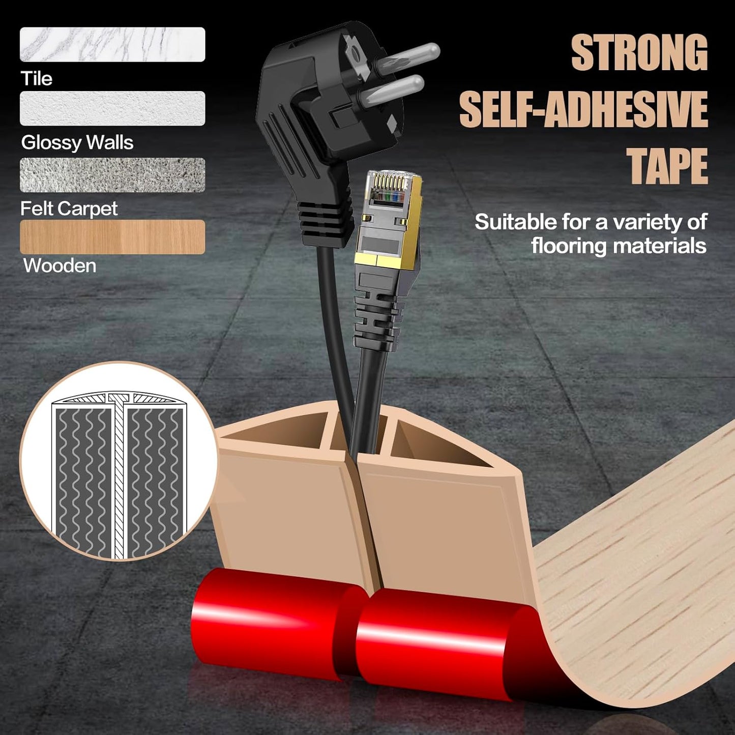 Floor Cord Cover Self Adhesive Cord Hider,10FT Cable Management, Extension Strip Protector for Wires, Prevent Cable Trips for Offices, Gyms, Exhibitions Cavity:0.51"(W) x 0.3"(H) Yellow Wood