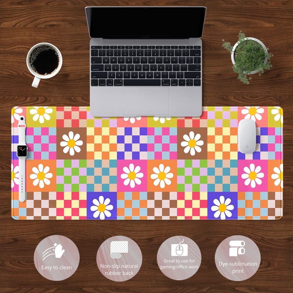 Pink Desk Mat Trendy Checkered Aesthetic Desk Pad Computer Large Mouse Pad Aesthetic Desk Accessories Office Gifts for Her Cute Keyboard and Mouse Pad Desk Computer Mat 31.5 X 11.8 in
