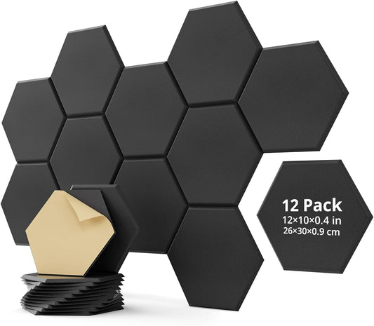 12 Pack Acoustic Panels Sound Absorbing, Self Adhesive Sound Proof Panels, Hexagon High Density Sound Deadening Panels, 12"X10"X0.4" Wall Decor for Bedroom,Home,Studio,Office(Black)