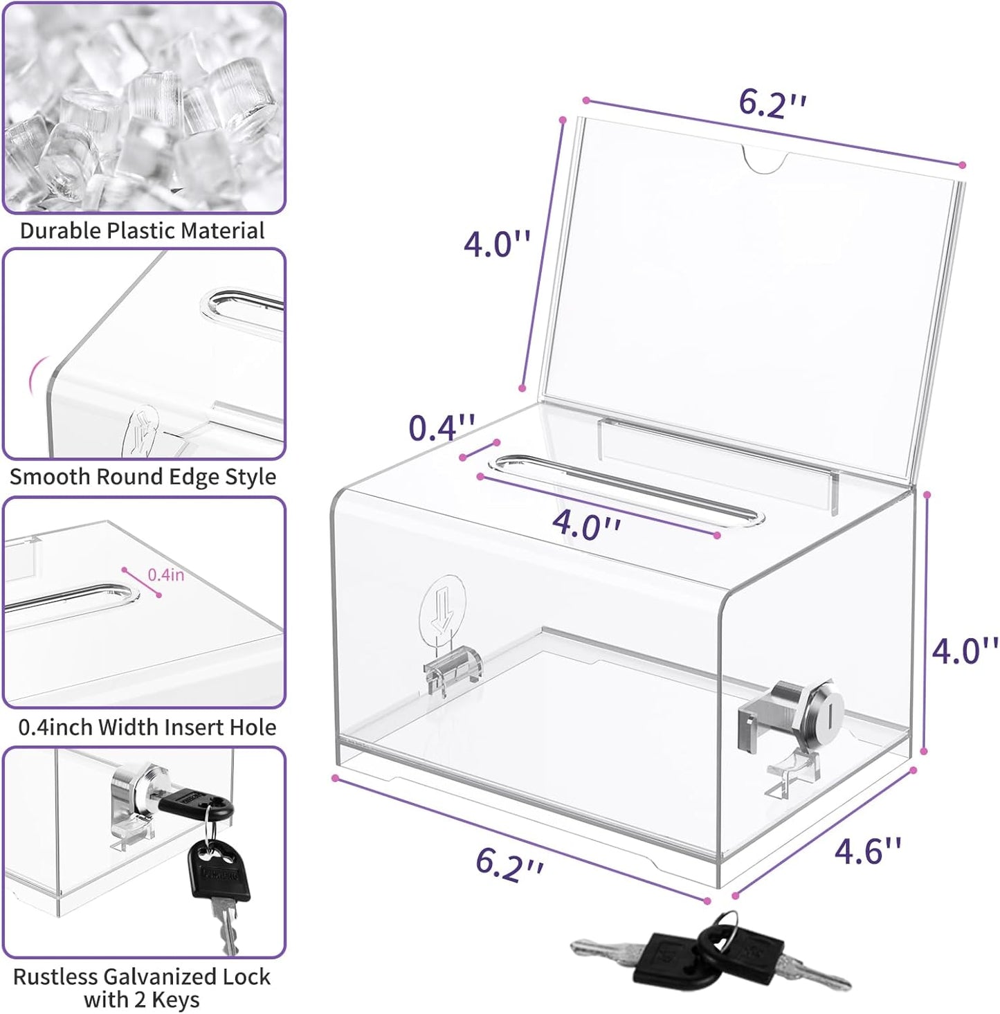 Donation Box with Lock, Clear Ballot Box with Sign Holder, Suggestion Box, Donation Boxes for Fundraising, Tip Jar, Raffle Box, Lock Box for Cards, Votes, Tickets, Prayer, Money, Cash