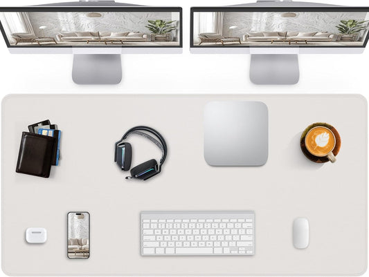 Extra Large Desk Pad Mat - Waterproof Mouse Pad & Desk Protector, Non-Slip XXL PU Leather Gaming Mat for Keyboard/Mouse, Stitched Edge with Ergonomic Support, 55"x24" (White)