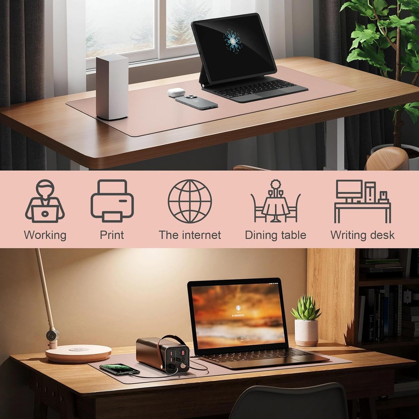 DAWNTREES Desk Mat Protector,PU Leather Desk Pad,Non Slip, Large Mouse Pad and Keyboard Mat, Waterproof Writing Pad for Office and Home (Pink)
