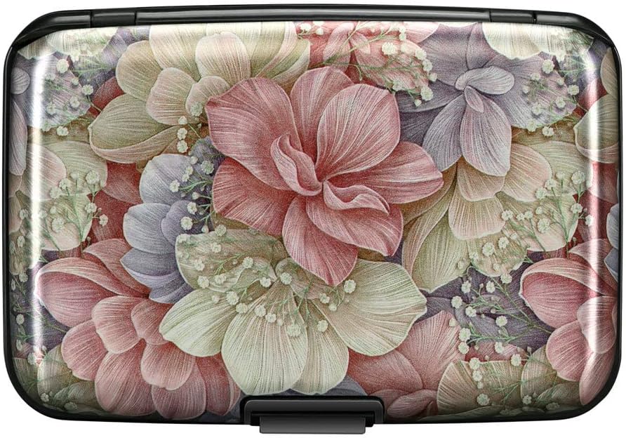 ELFISH Mini RFID Aluminum Wallet Credit Cards Holder Business Card Case Metal ID Case for Men Women（Happy Flower