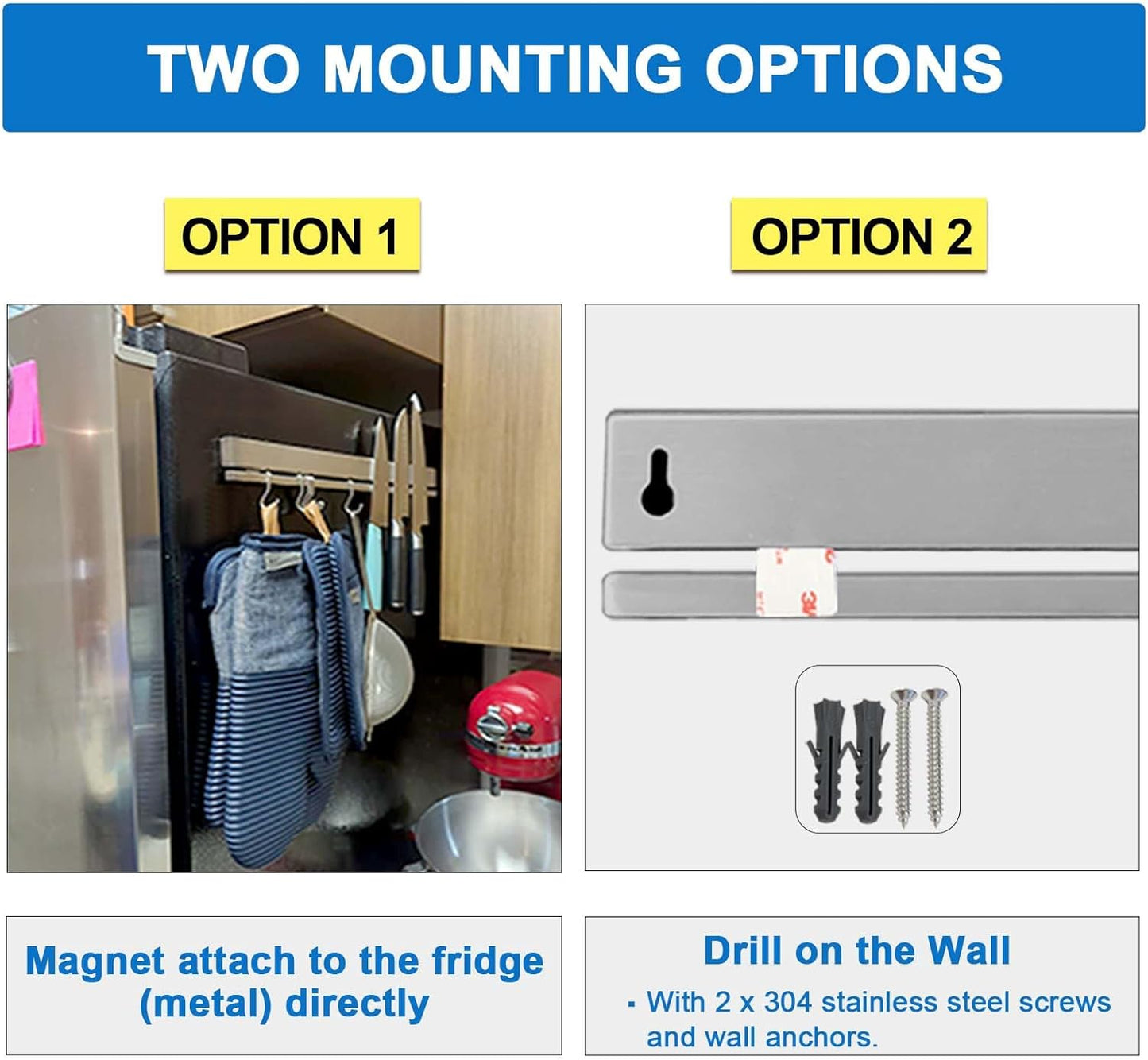 12 Inch Magnetic Knife Holder for Refrigerator with 6 Hooks - Double Sided Magnetic Knife Strip for Fridge - Premium Magnetic Knife Bar Rack - 304 Stainless Steel Kitchen Utensil Hanger