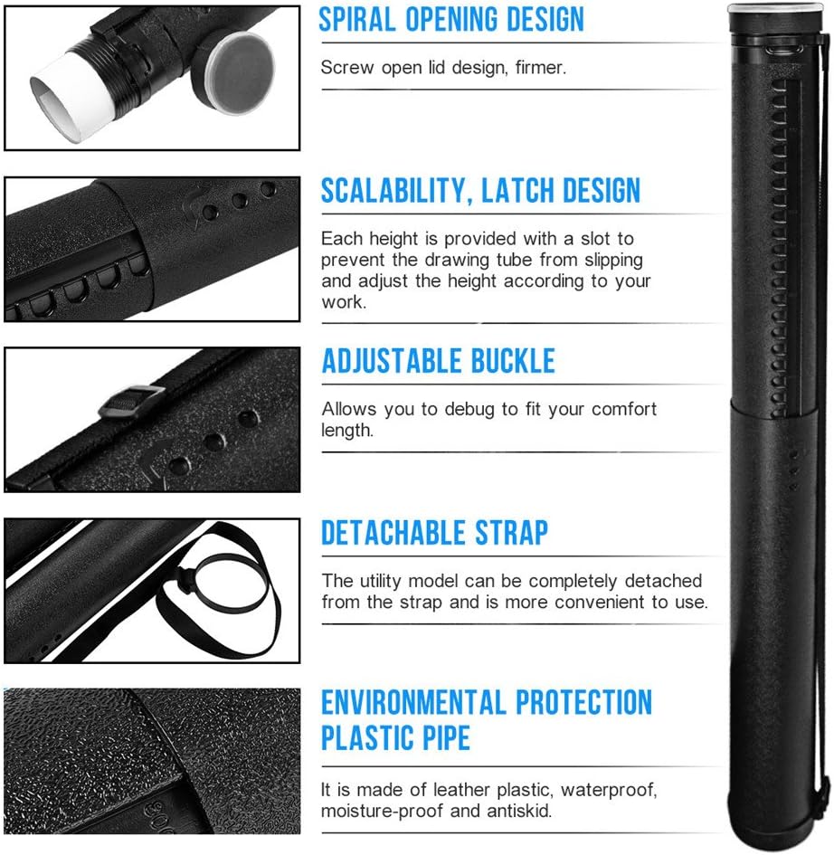 DEWEL Document Tube,Plastic Expanding Poster/Art/Document Storage Tube 24.5 to 40 inches Adjustable with Carrying Strap Waterproof and Light-Resistance Telescoping Carrying Case (Black-Large Size)