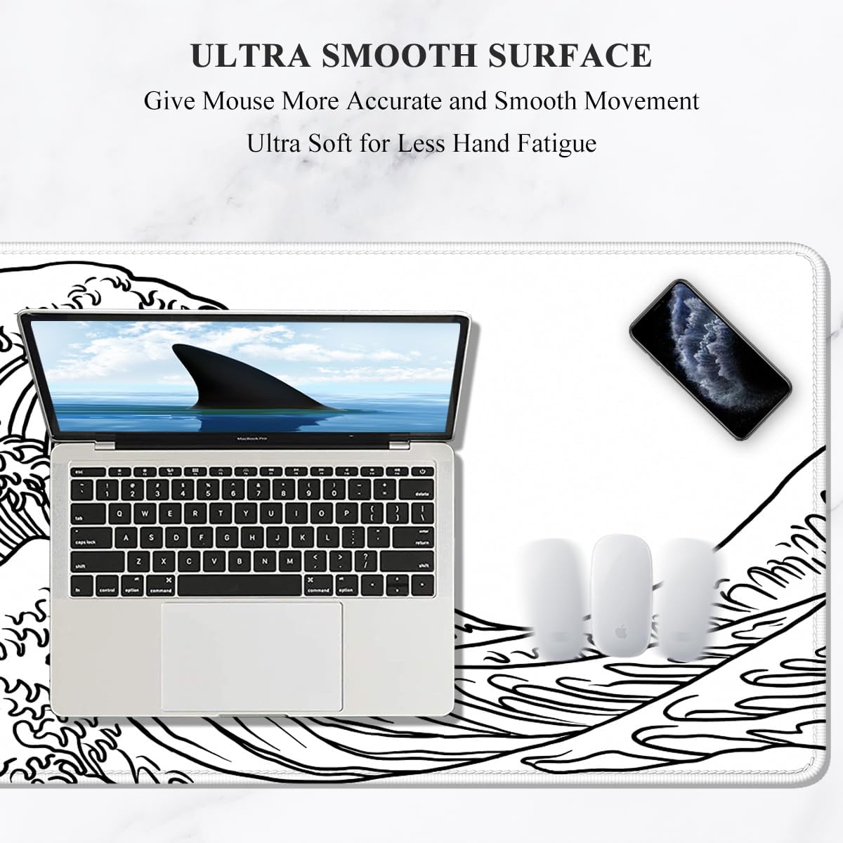 Auhoahsil Large Mouse Pad, XXL Gaming Mousepad, Desk Mat for Desktop, Thick Rubber, Big & Long Size, Stitched Edges, Full Desk Pad for Laptop & Computer, Extended 35.4 x 15.7 in, White Great Wave