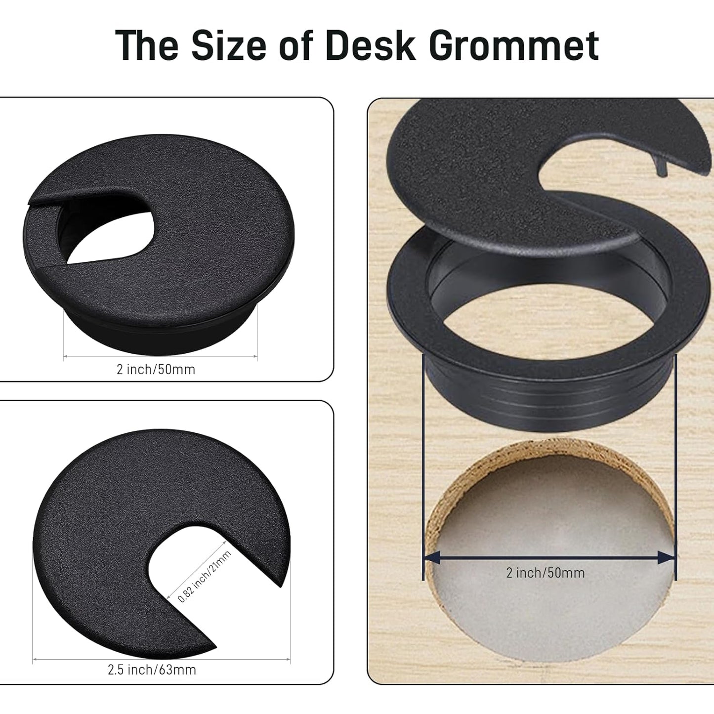 Desk Grommet 2 Inch 2 Pack Sturdy ABS Plastic Desk Hole Cover for Cables Detachable Desk Hole Grommet for Organizing Home & Office Table Cables - Black