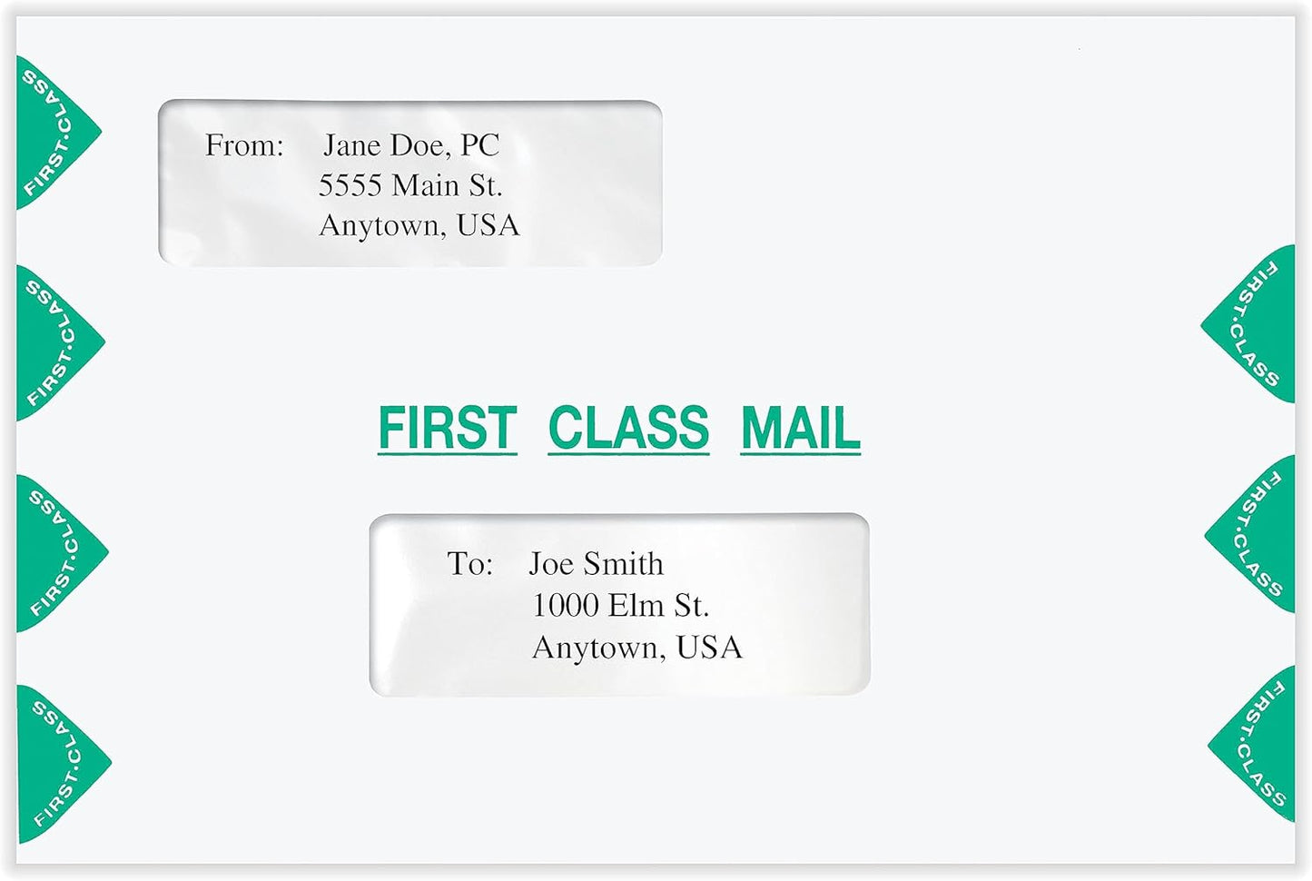 First Class Double Window Envelope | Tax Mailer, Landscape, White/Green, Self-Seal, 6" x 9", Pack of 50
