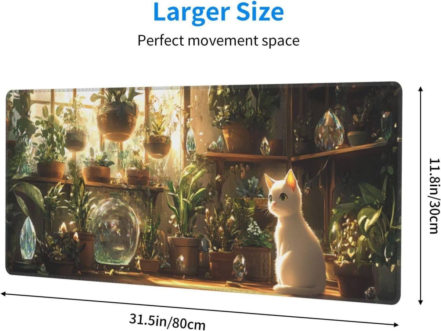 Cat Plant Mouse Pad 31.5 X 11.8 Inch Big Desk Rubber Base Stitched Edges Keyboard Pad XXL Mouse Mat for Home Game and Office