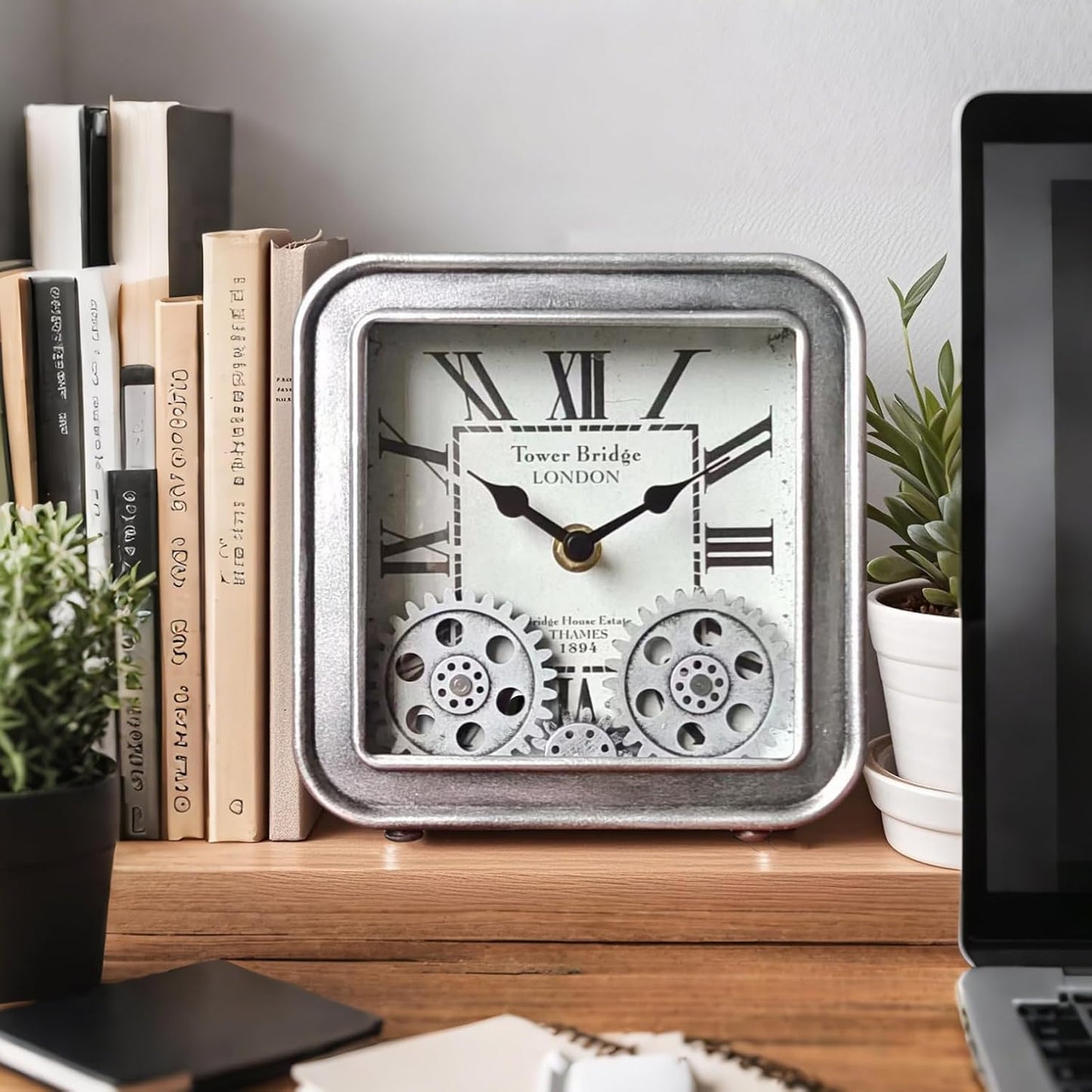 Desk Clock Vintage Metal Table Clocks with Moving Gears, Silent Retro Industrial Steampunk Quartz Small 6 inch End Table Clock for Home Office Living Room Decor Battery Operated