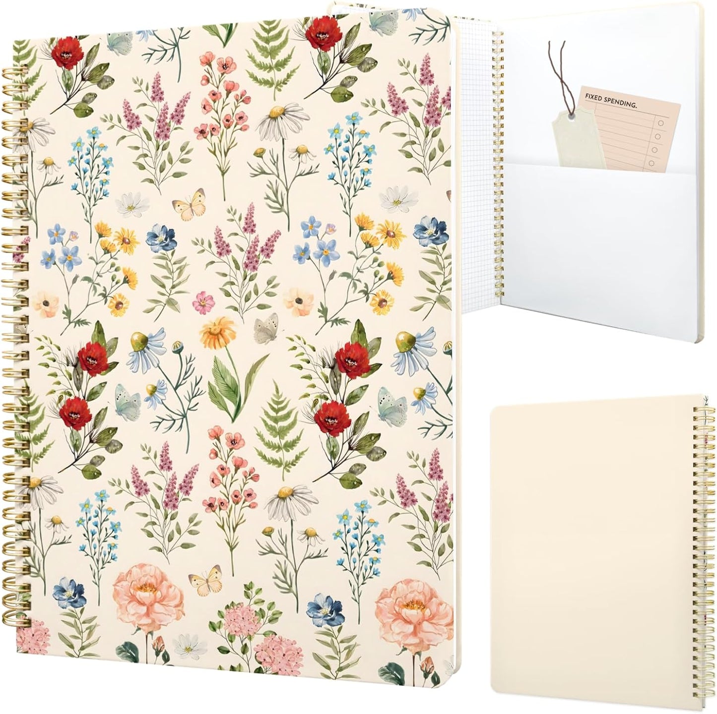 Cute Spiral Notebook journal A4 Aesthetic Pretty Design for Women Girls Kawaii with Pocket, 8.5 x 11 inch, Graph, Plant Flower