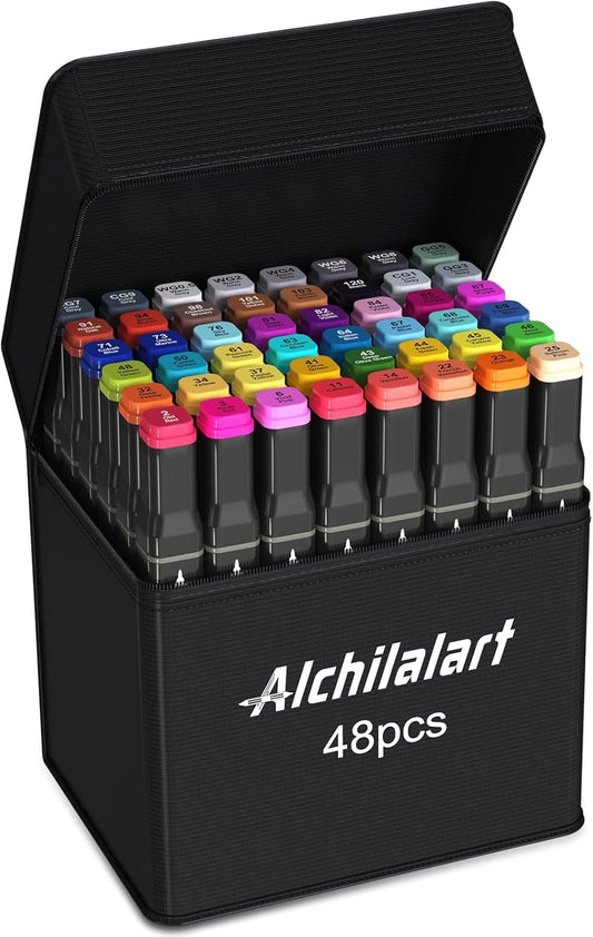 alchilalart 48 Colors Alcohol Based markers, Alcohol Markers Set, Dual Tip Alcohol Sketching Drawing Markers Animation for Adults Kids
