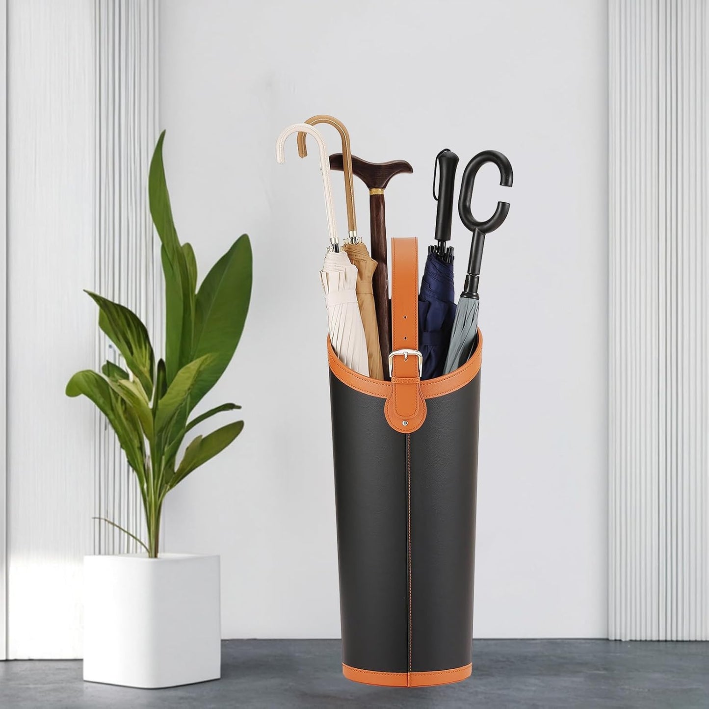 Faux Leather Large Umbrella Holder Entryway，Modern Black Umbrella Rack Stand Indoor