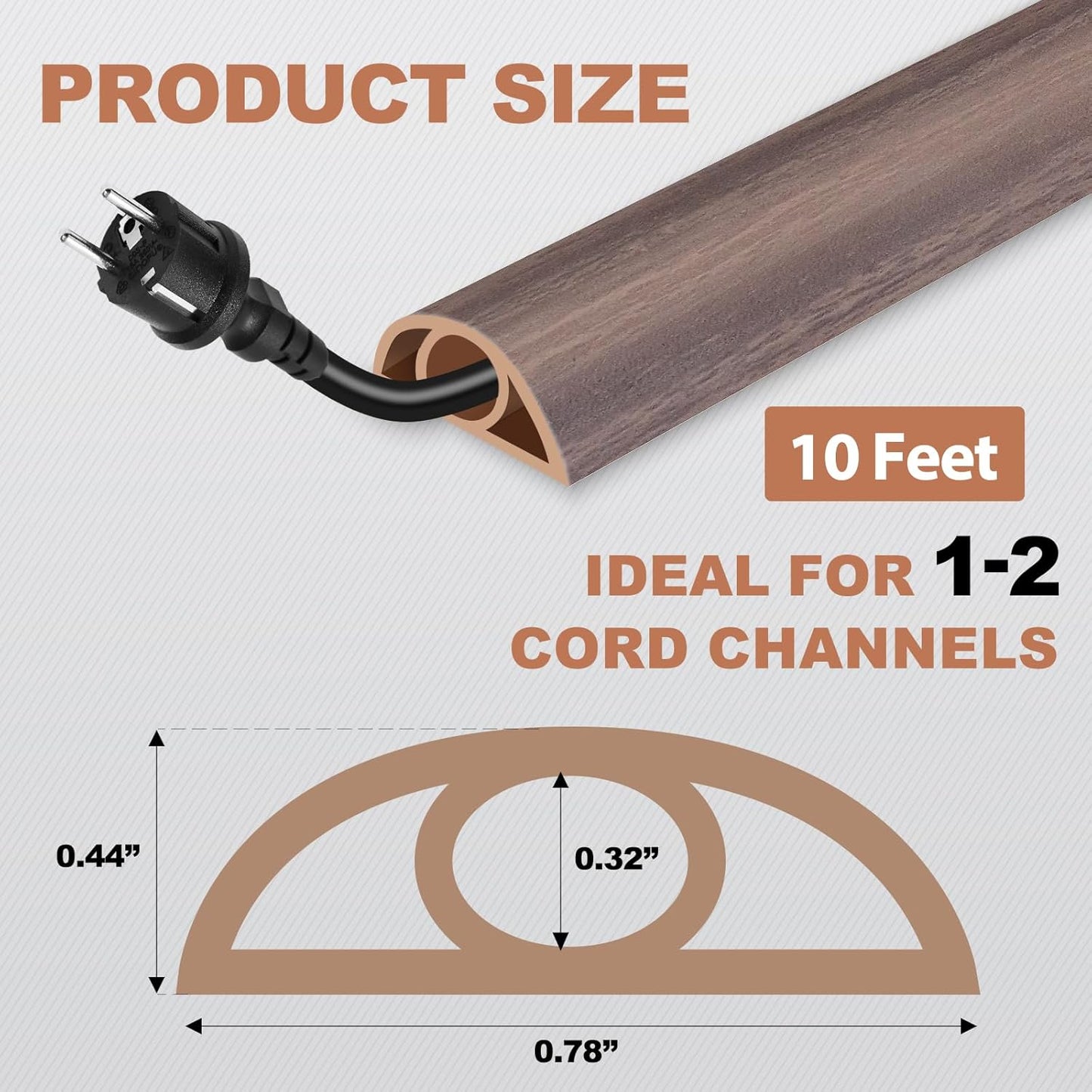 Floor Cord Cover for Wires on Floor Self Adhesive Cord Hider Floor Cable Management Wire Covers for Cords Protector Prevent Cable Trips Cord Cavity W 0.32" x H 0.32", Grayish Brown Wood, 10Ft