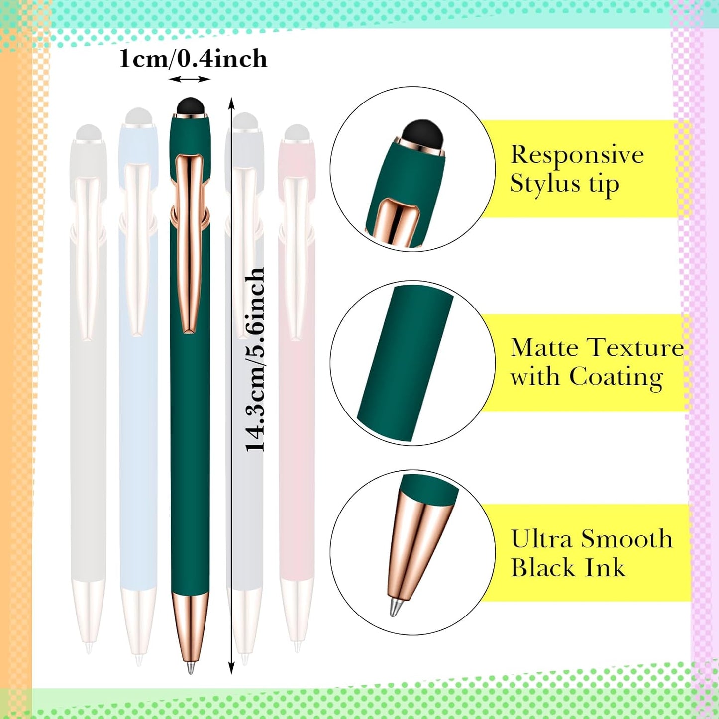 Zonon 38 Pieces Rubberized Ballpoint Pen with Stylus Tip Stylish Metal Pen Capacitive Styli with Soft Rubberized Grip, Black Ink for Most Devices(Classic Colors)