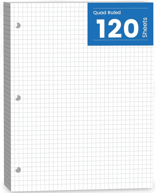 Graph Paper Loose Leaf, 120 Sheets Loose Leaf Paper, Binder Paper 8 x 10.5 in, 4x4 Quad Ruled Filler Papers Bulk 8 x 10-1/2 for Binder, 3-Hole Punched Graphing Pads for Engineering Sketching Notes