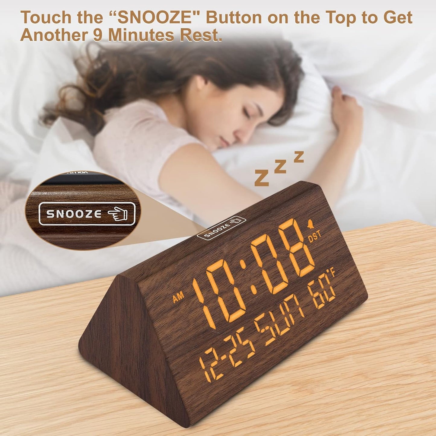 DreamSky Digital Alarm Clocks for Bedrooms - Wooden Desk Clock with Date, Day of Week, USB Port, Temperature, Dimmer for Bedside Table, Living Room, Office, Adjustable Volume, Auto DST, Wood Decor