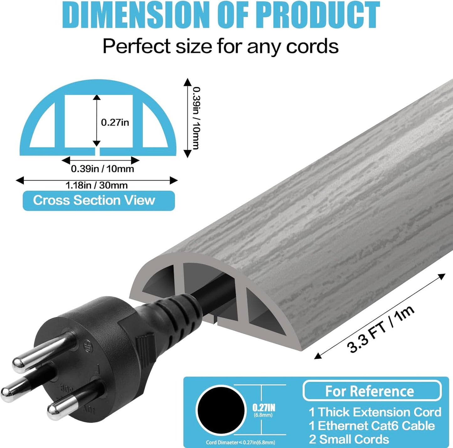 Floor Cord Cover Self Adhesive Cord Hider,3.3FT Cable Management, Extension Strip Protector for Wires, Prevent Cable Trips for Offices, Gyms, Exhibitions Cavity:0.39"(W) x 0.27"(H) Gray Wood