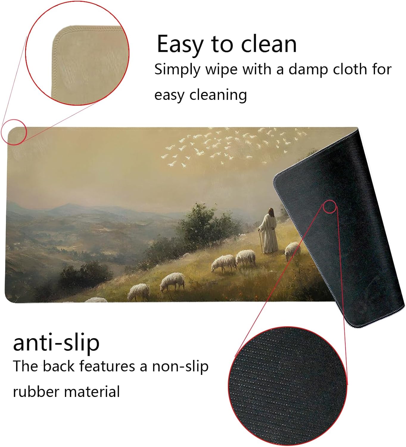 Retro Christian Themed Mouse Pad,Jesus Religious Mouse Pad,Big Large Vintage Easter Desk Mat,Jesus The Good Shepherd,Religious Gifts Christian Gifts for Women,Christian Room Decor,31.5x11.8In