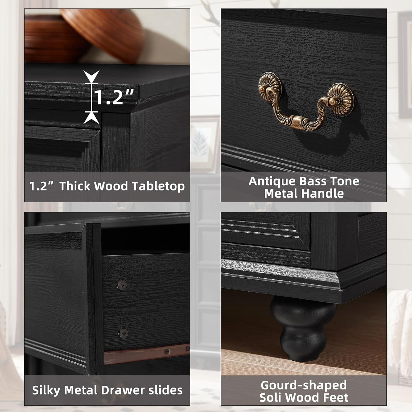 Farmhouse 4 Drawer Dresser Set of 2 for Bedroom, 37" Tall Rustic Chests of Drawers w/ 4 Solid Wood Feet, Mid Century Vintage Wooden Closet Storage Dressers Organizer for Living Room, Black