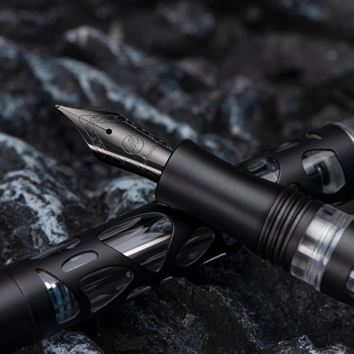 Asvine V169 Vacuum Filling Fountain Pen, Matte Black Water Drop Skeleton Transparent Acrylic Pen, Black Medium Nib Office Pen with Case Set