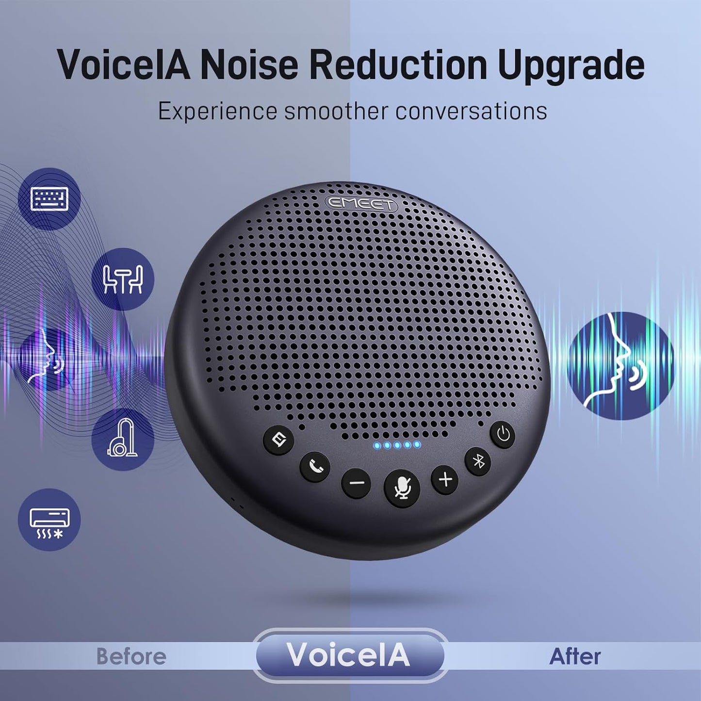 EMEET Conference Speaker and Microphone w/8 Mics, 360° Voice Pickup, Noise Reduction, Bluetooth/USB/Dongle Speakerphone for 10 People w/Daisy Chain for 18, Compatible w/Leading Platforms, 2025 Version