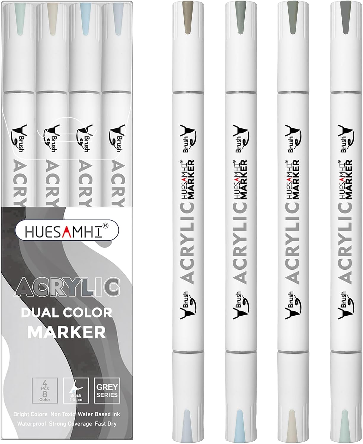 Dual Tip Brush Markers, 4 Pack Double Ended Acrylic Paint Pens - Permanent Water-Based for Rock Painting, Wood, Metal, Ceramic, Glass, Crafts & Kids Art Assorted Colors