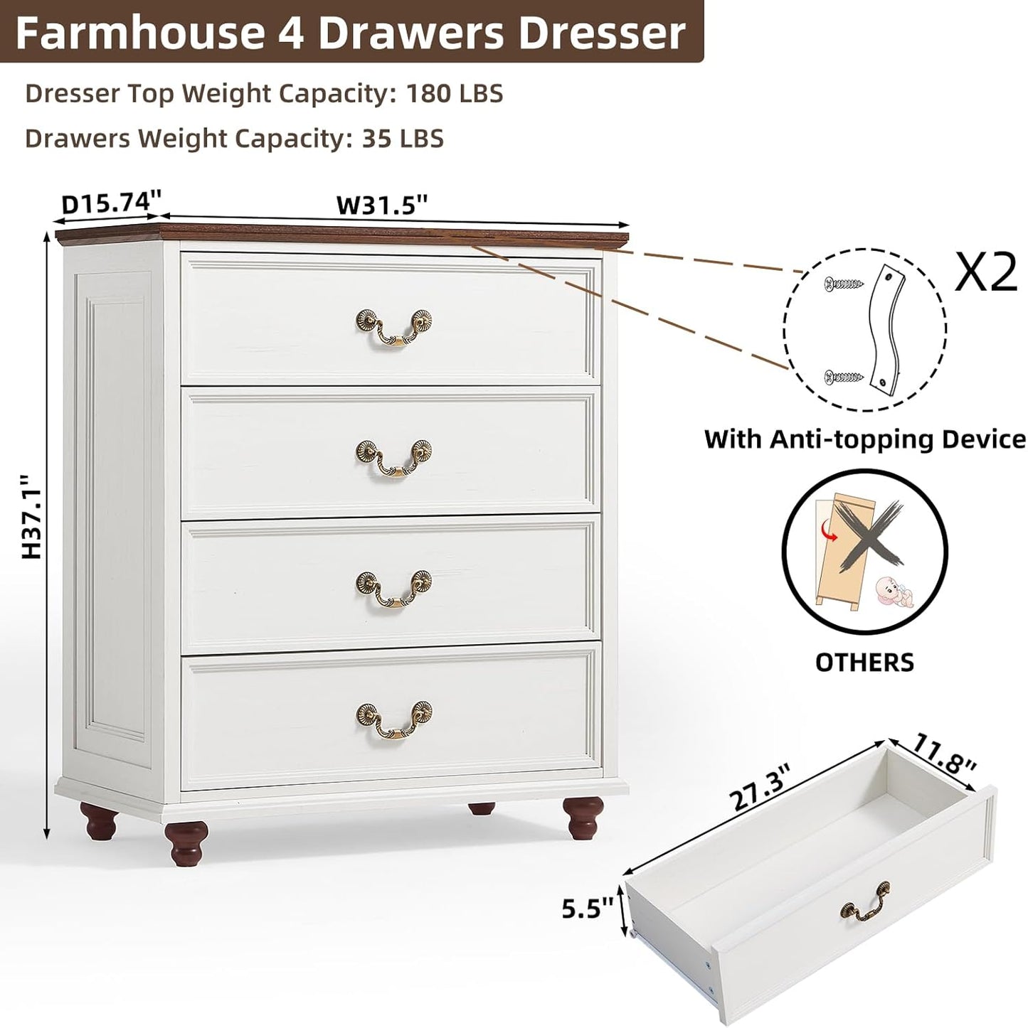 Farmhouse 4 Drawer Dresser Set of 2 for Bedroom, 37" Tall Rustic Chests of Drawers w/ 4 Solid Wood Feet, Mid Century Vintage Wooden Closet Storage Dressers Organizer for Living Room, White