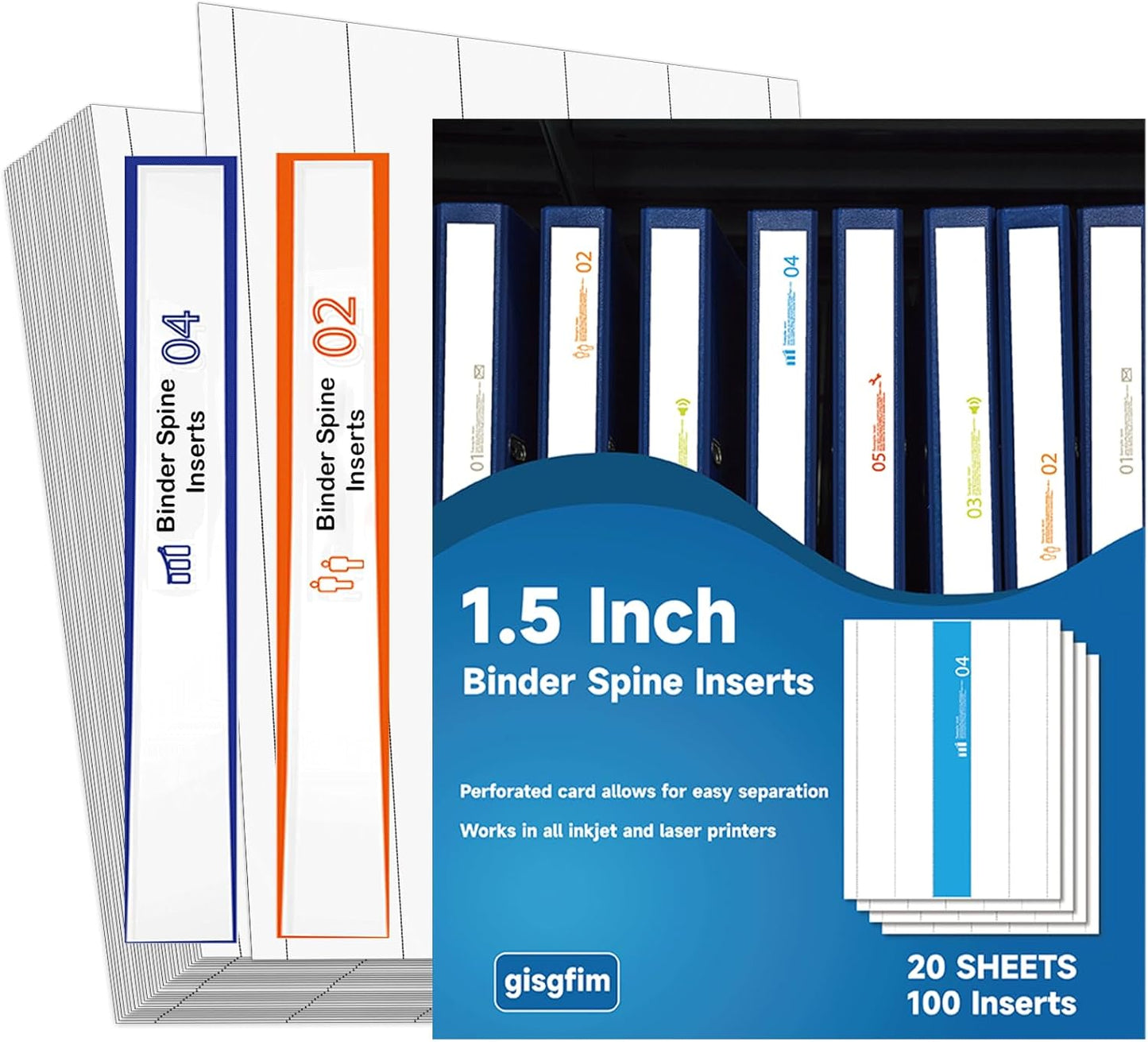 gisgfim 20 Sheets Binder Spine Inserts 1-1/2 Inch Spine Width White Binder Labels 92LB Printable Side Identifiers for Inkjet Laser Printers Cardstock View Binders Labels 5 Inserts/Sheet