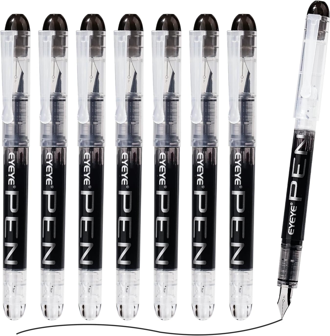 EYEYE Disposable Fountain Pens Fine Point, 8 Pack Black Calligraphy Pens for Writing, Stainless Steel Nib, Smooth Writing for Journaling, Drafting, Sketching, Doodling & Office Supplies
