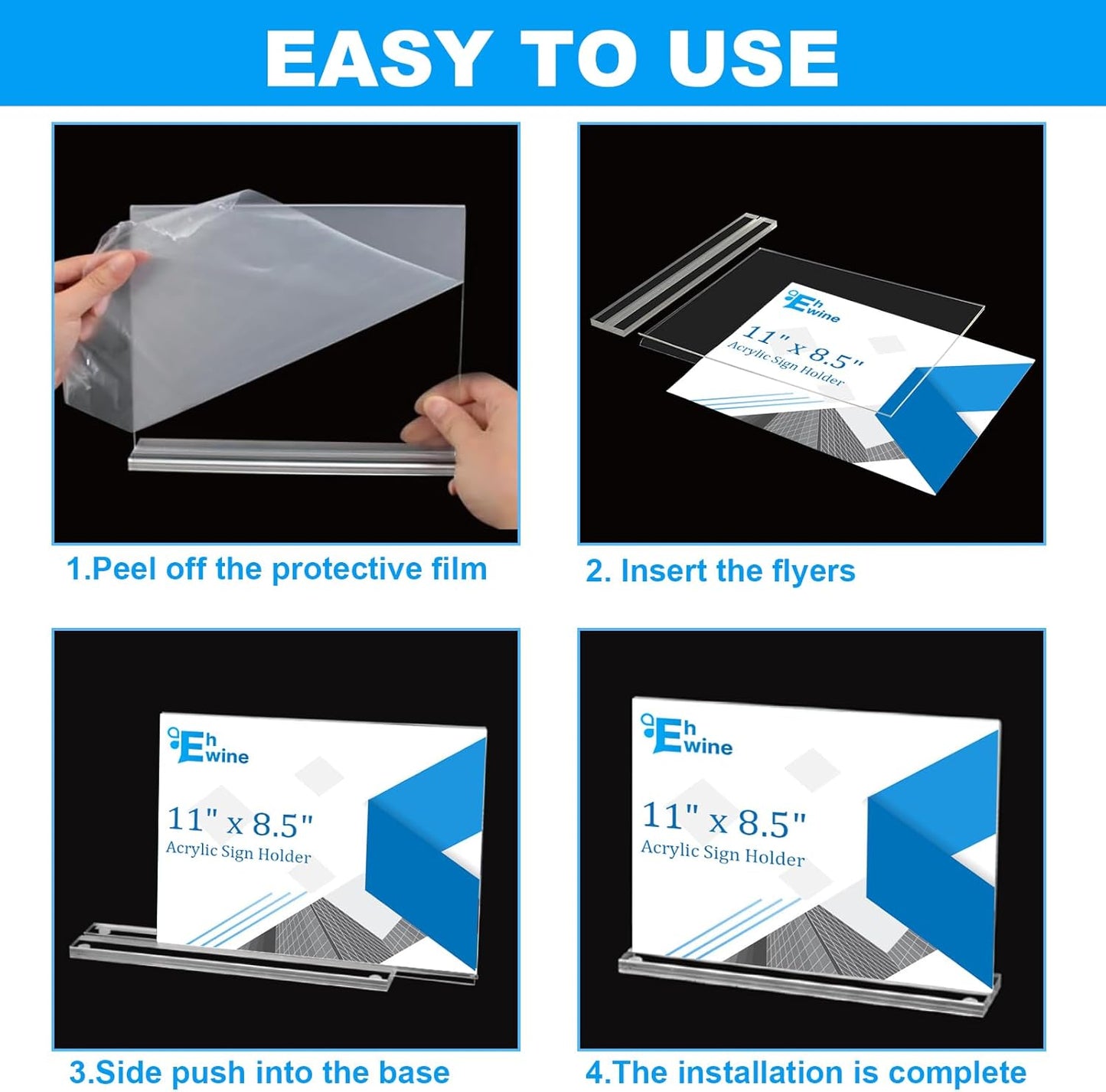 EHWINE 3 Pack Acrylic Sign Holder 8.5 x 11 Horizontal, Double-Sided Stand up Table Top Sign Holders, Clear Acrylic Picture Frame Menu Flyer Paper Holder Display Stand for Office Business Store Wedding Party