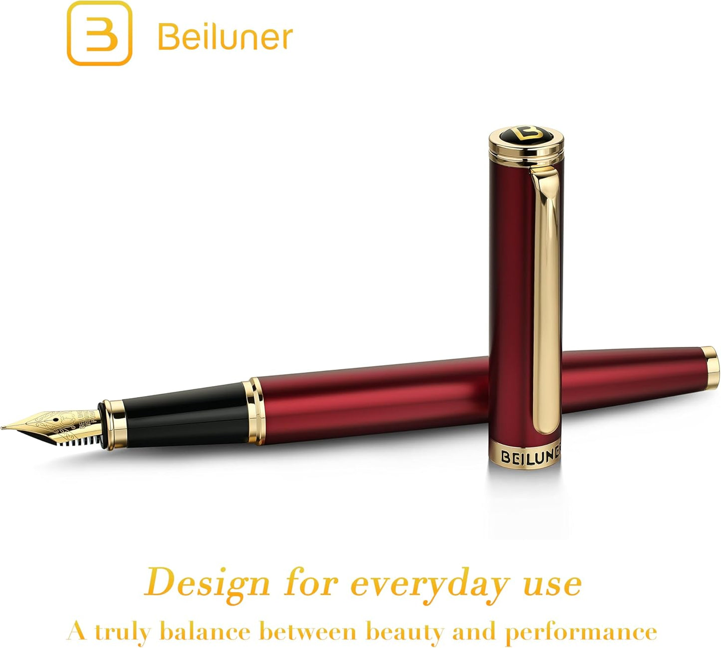 BEILUNER Red Fountain Pen,Stunning Luxury Lacquer,24K Gilded Nib(Fine),Gorgeous 24K Gold Finish,Ink Converter, Fancy Gift for Men&Women-Elegant, Executive,Office, Elegant, Nice Pens for Writing