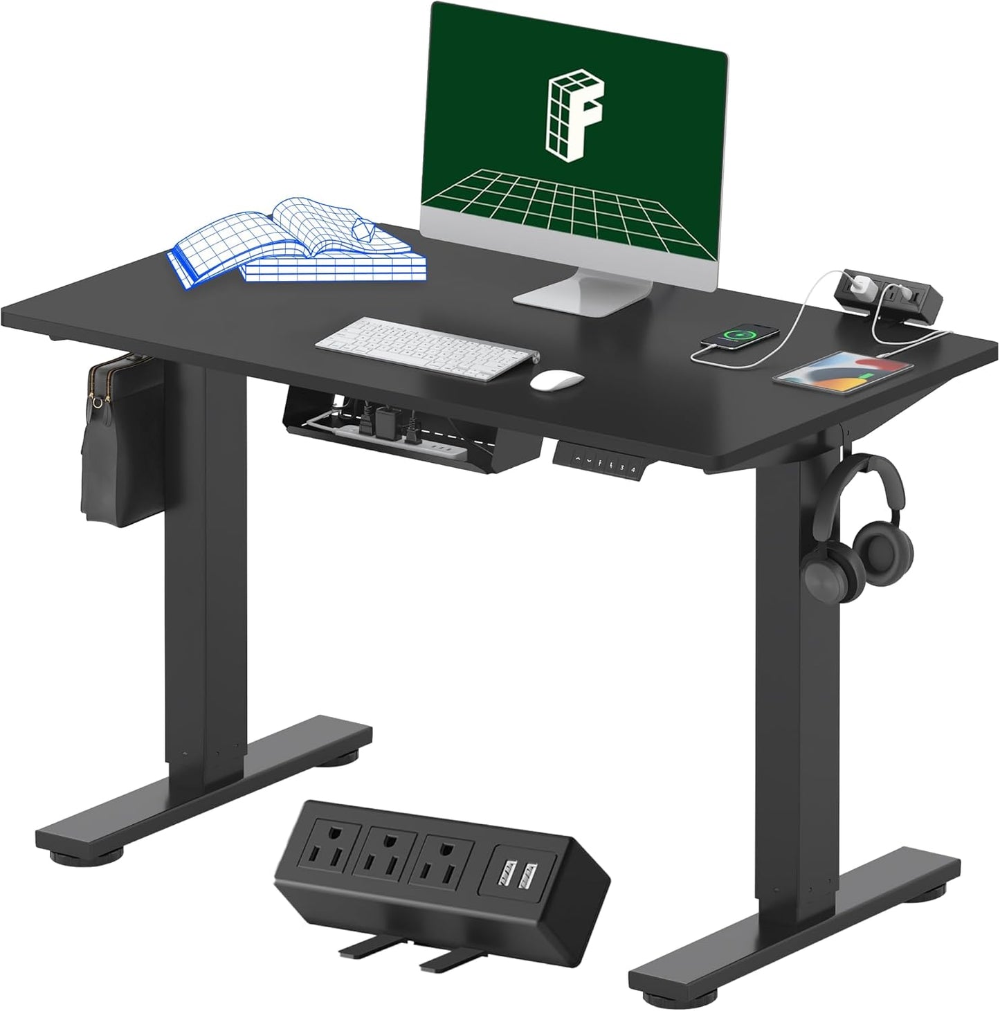 FLEXISPOT EN2 Whole-Piece Standing Desk with Clamp Power Strip, 40 x 24'' Electric Stand Up Height Adjustable Desk with Cable Management (Black Frame + 40" Black Top)