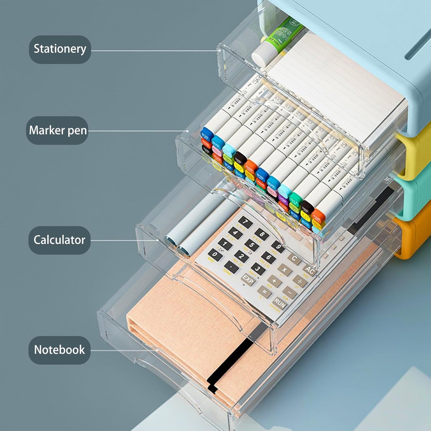 Desk Organizer with Drawers, Stackable Storage Drawers with Compartments Desktop Organization for Office Supplies, Makeup, Pencils, Tape, Erasers, Paperclips, Chargers (4 Pack)