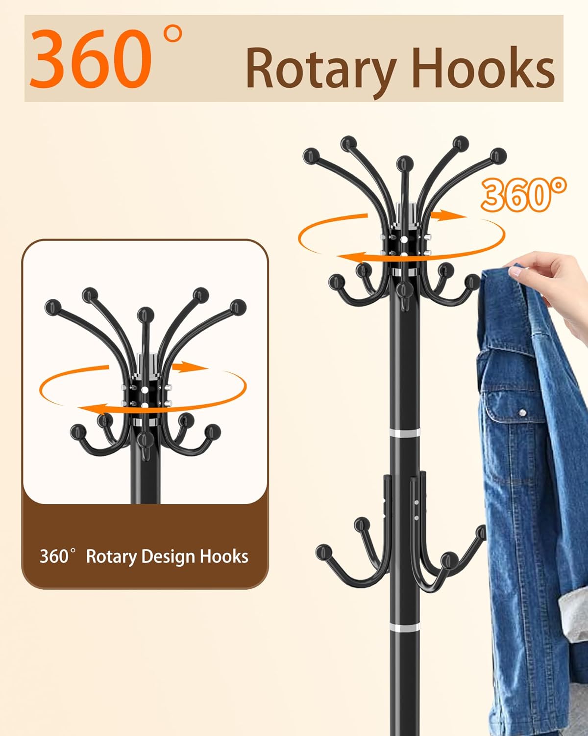 EZIVIEZ Modern Coat Rack Stand, 360° Rotary Metal Freestanding Coat Rack with Natural Marble Base, Black Coat Racks and Coat Hanger Tree Jacket Stand with 14 Hooks for Office, Entryway, Hallway