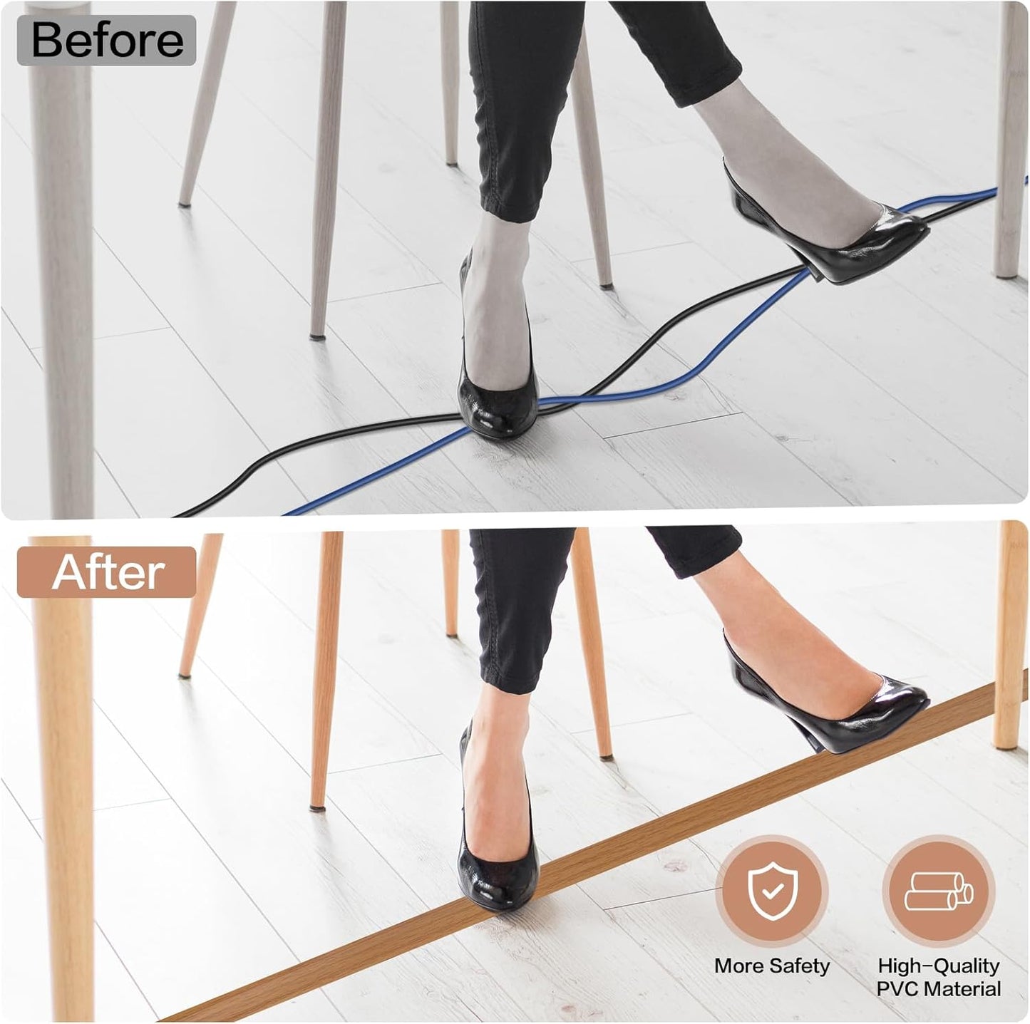 Floor Cord Cover Self Adhesive Cord Hider Floor Extension Cord Covers for Floor Power Cord Protector Cable Management Prevent Cable Trips Cable Cavity 0.47" W x 0.27" H (Light Brown Wood, 10Ft)