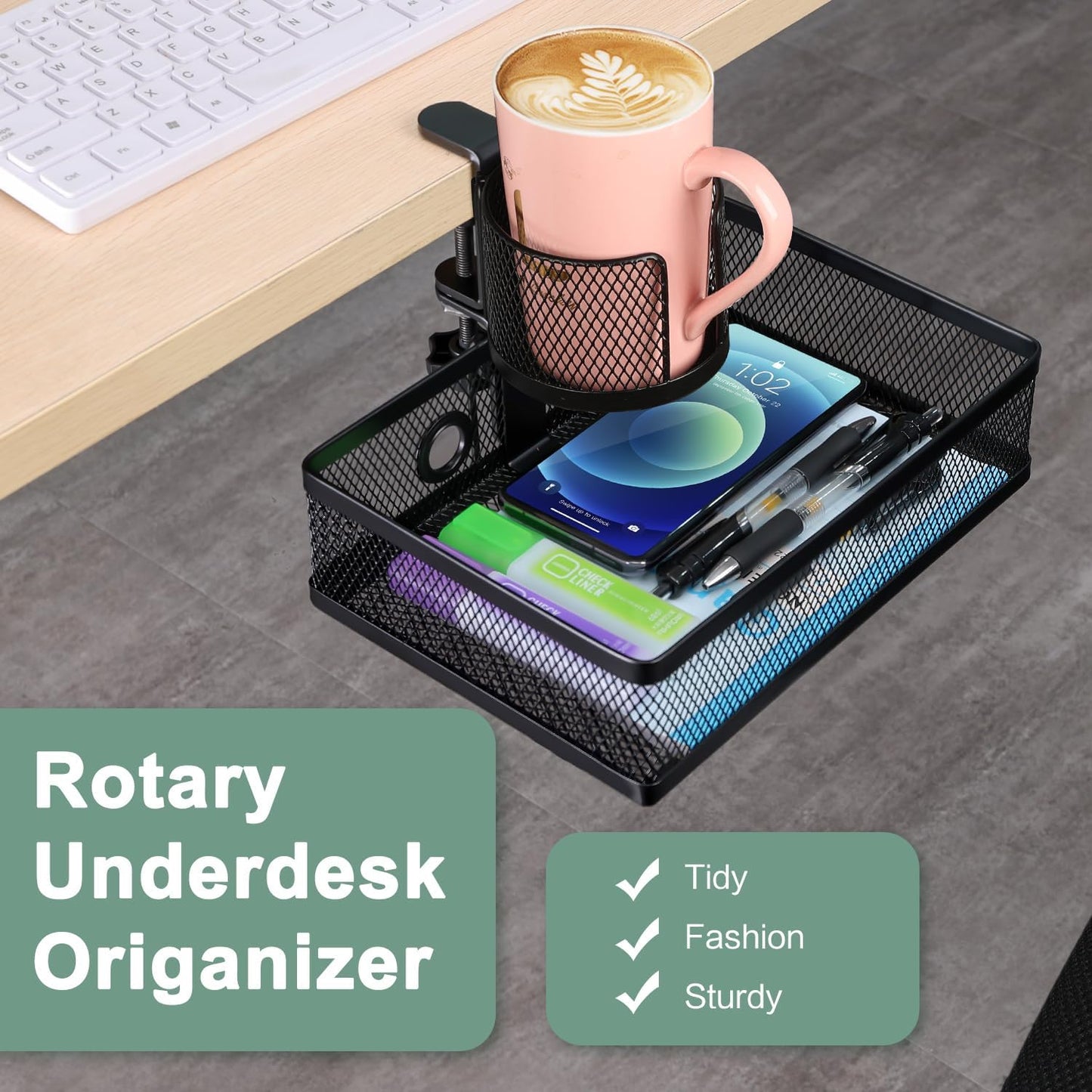 ROSYLINE 360°rotation under desk drawer, Drawer Under Desk Storage Organizer, Rotary Desk Storage Organizer with Cup Holder, Clamp Drawer Basket, sturdy and durable (black)