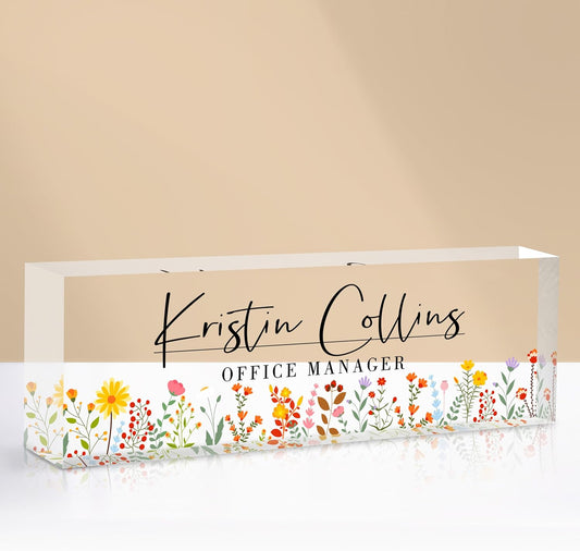 Custom Name Plate for Desk, Acrylic Office Decor For Women Men, Personalized Office Desk Accessories, Teacher Employee Appreciation Gifts For Social Worker Boss Coworkers (Flowers-1)