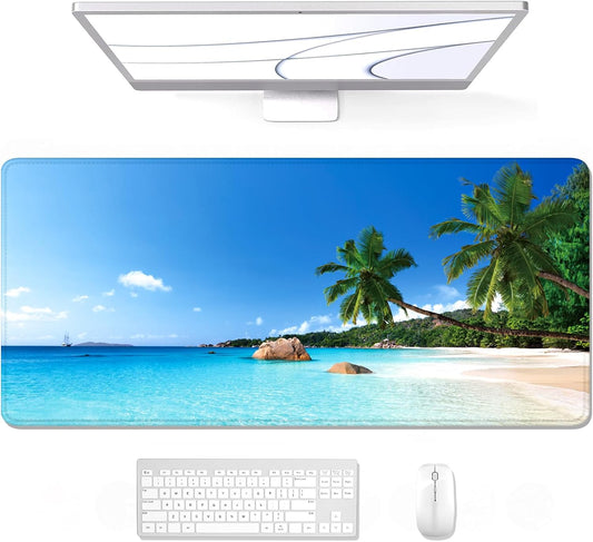 Auhoahsil Large Gaming Mouse Pad, Beach Theme XXL 35.4 x 15.7 in Desk Pad Stitched Non-Slip Rubber Long Computer Mousepad Thin Extended Full Size Desk Mat for Desktop, Laptop, Wireless Mice, Blue