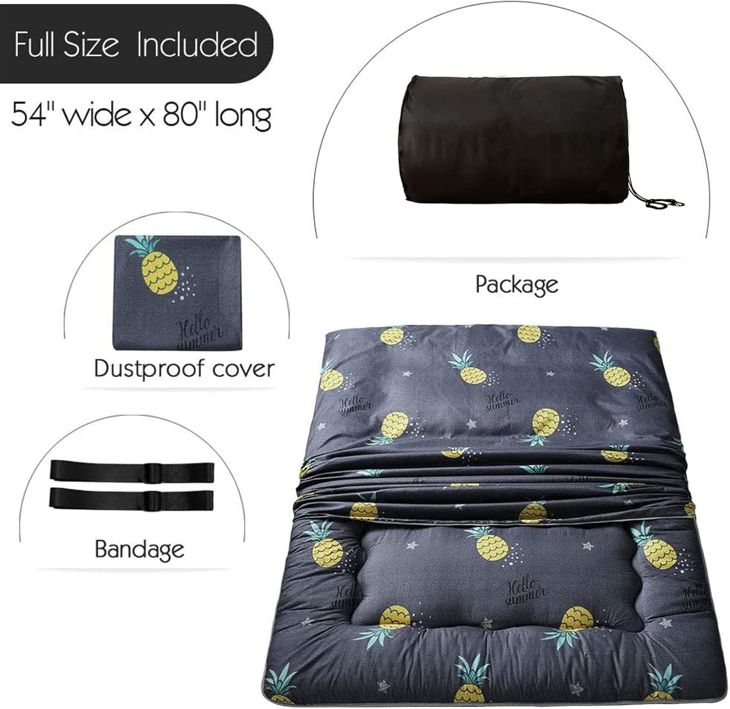 Grey Pineapple Japanese Floor Futon Mattress, Tatami Floor Mat Portable Camping Mattress Kids Sleeping Pad Foldable Roll Up Floor Lounger Couch Bed Full Size with Mattress Protector Cover