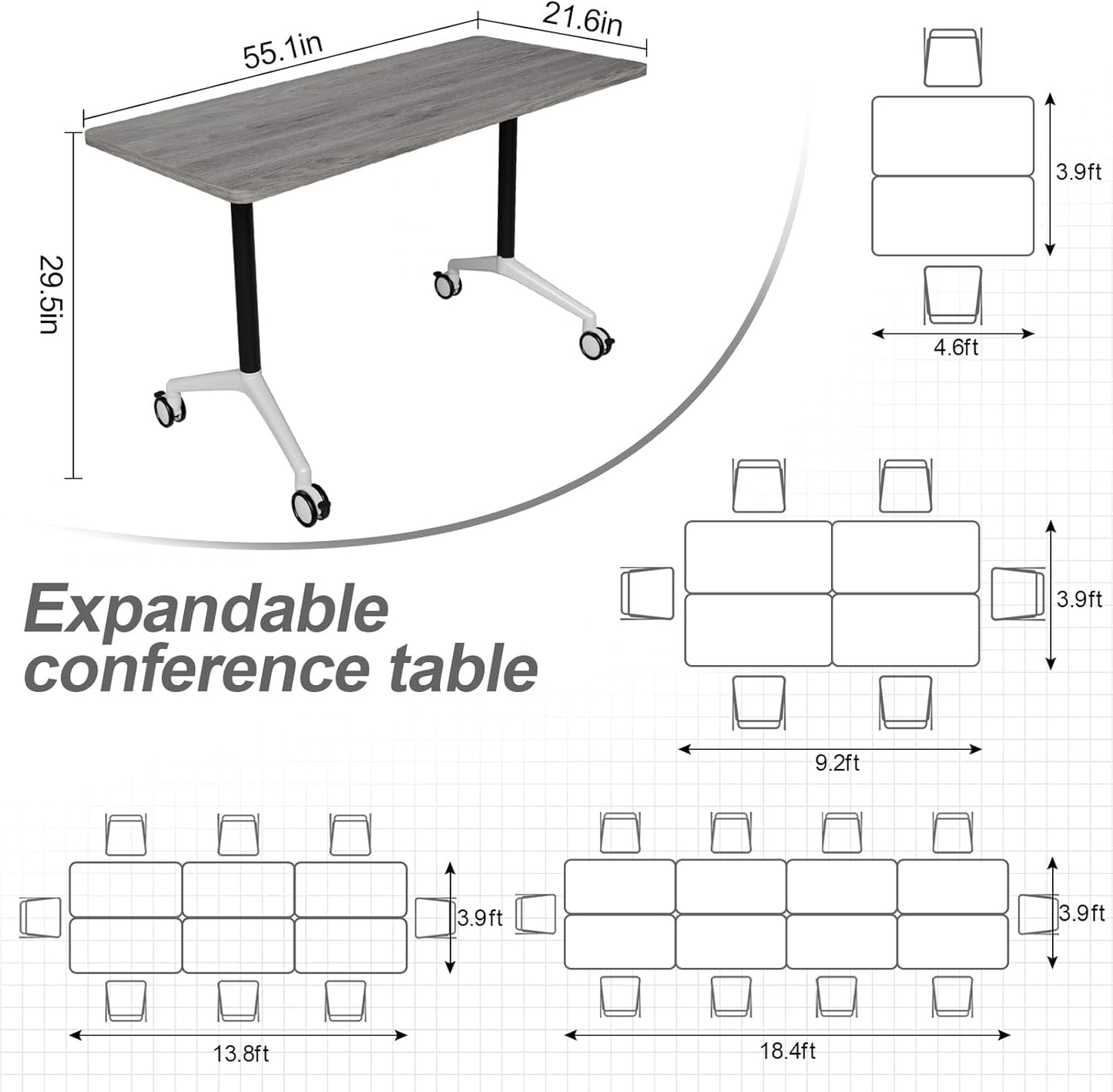 Folding Conference Table, Modern Large Conference Room Tables with Flip-Top Design, Foldable Conference Table Meeting Table with Wheels, Mobile Seminar Training Tables for Office Classroom (2, Oak)