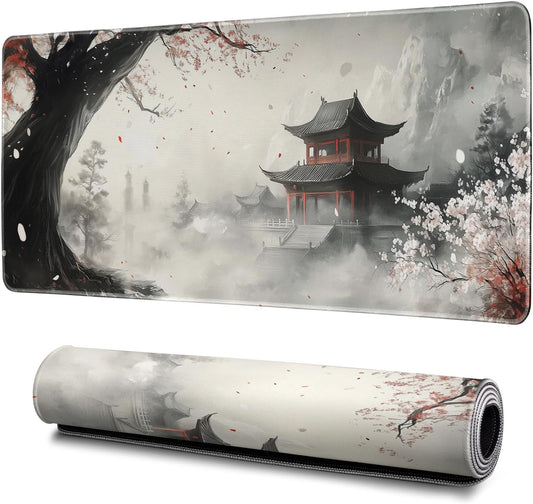 Retro Pagoda Mouse Pad Abstract Cherry Blossom Watercolor Mouse Pad 31.5x11.8 Inch Texture Non-Slip Rubber Base Large Mousepad Stitched Edges Keyboard Mouse Mat Desk Pad for Office