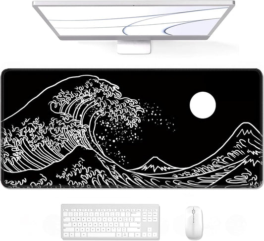 Auhoahsil Large Mouse Pad, XXL Gaming Mousepad, Desk Mat for Desktop, Thick Rubber, Big & Long Size, Stitched Edges, Full Desk Pad for Laptop & Computer, Extended 35.4 x 15.7 in, Black Great Wave