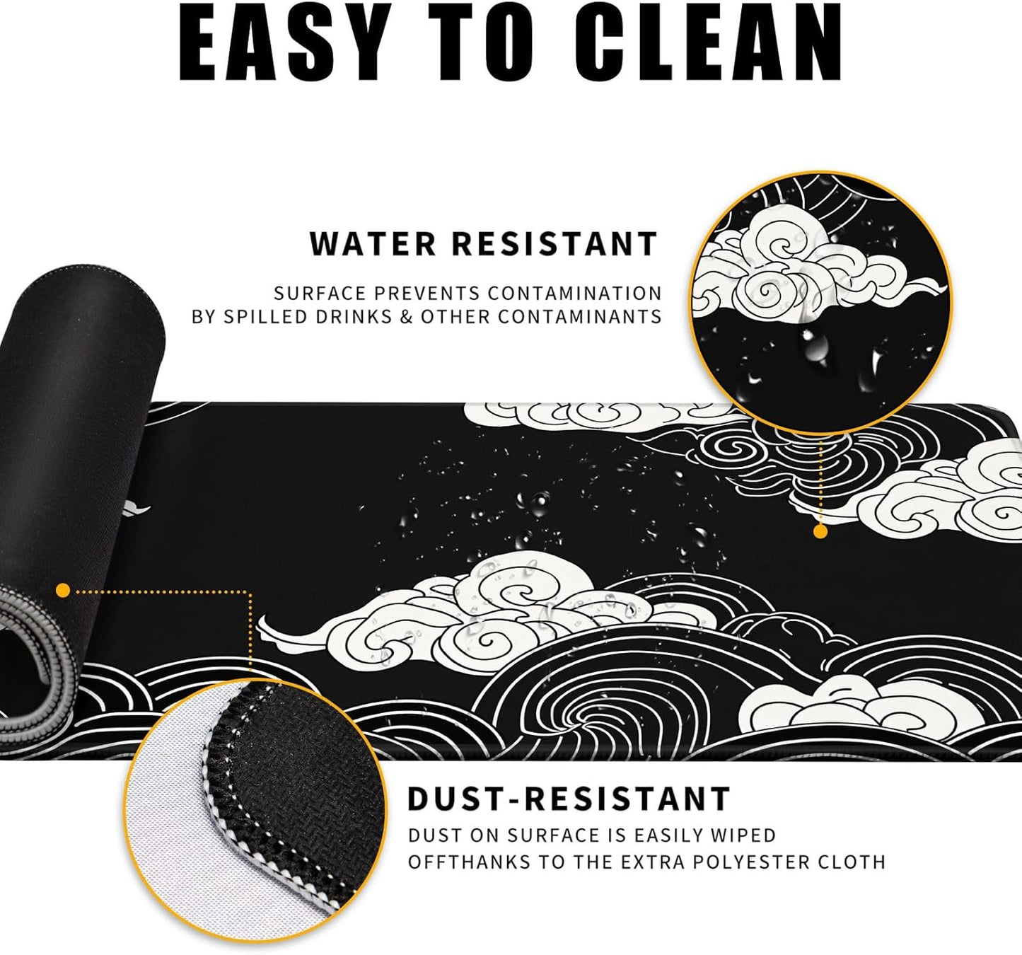 Black and White Mouse Pad Japanese Clouds Mouse Pad XL Anime Big Mouse Pads for Desk Large Gaming Large Mouse Pad for Men Desk Pad with Stitched Edges Non-Slip Large Computer Mat, 31.5x11.8 in