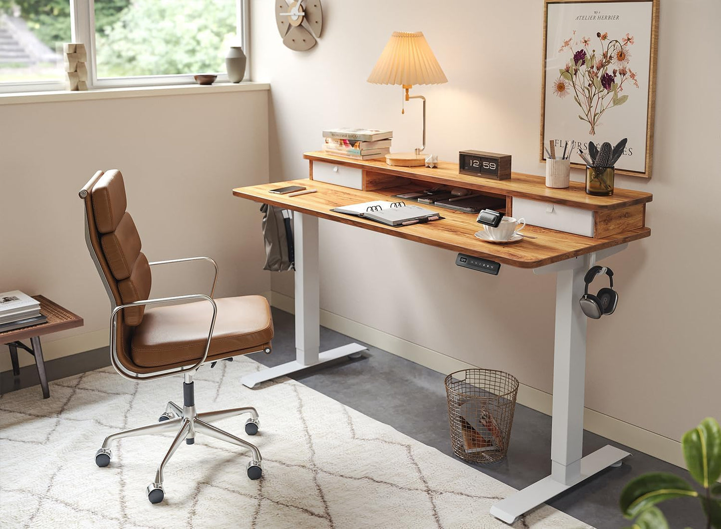 FEZIBO 55 x 24 Inch Height Adjustable Electric Standing Desk with Double Drawer, Computer Desk, Home Office Stand Up Table with 4 Height-Adjustable Feets & 2 Hooks, Light Rustic