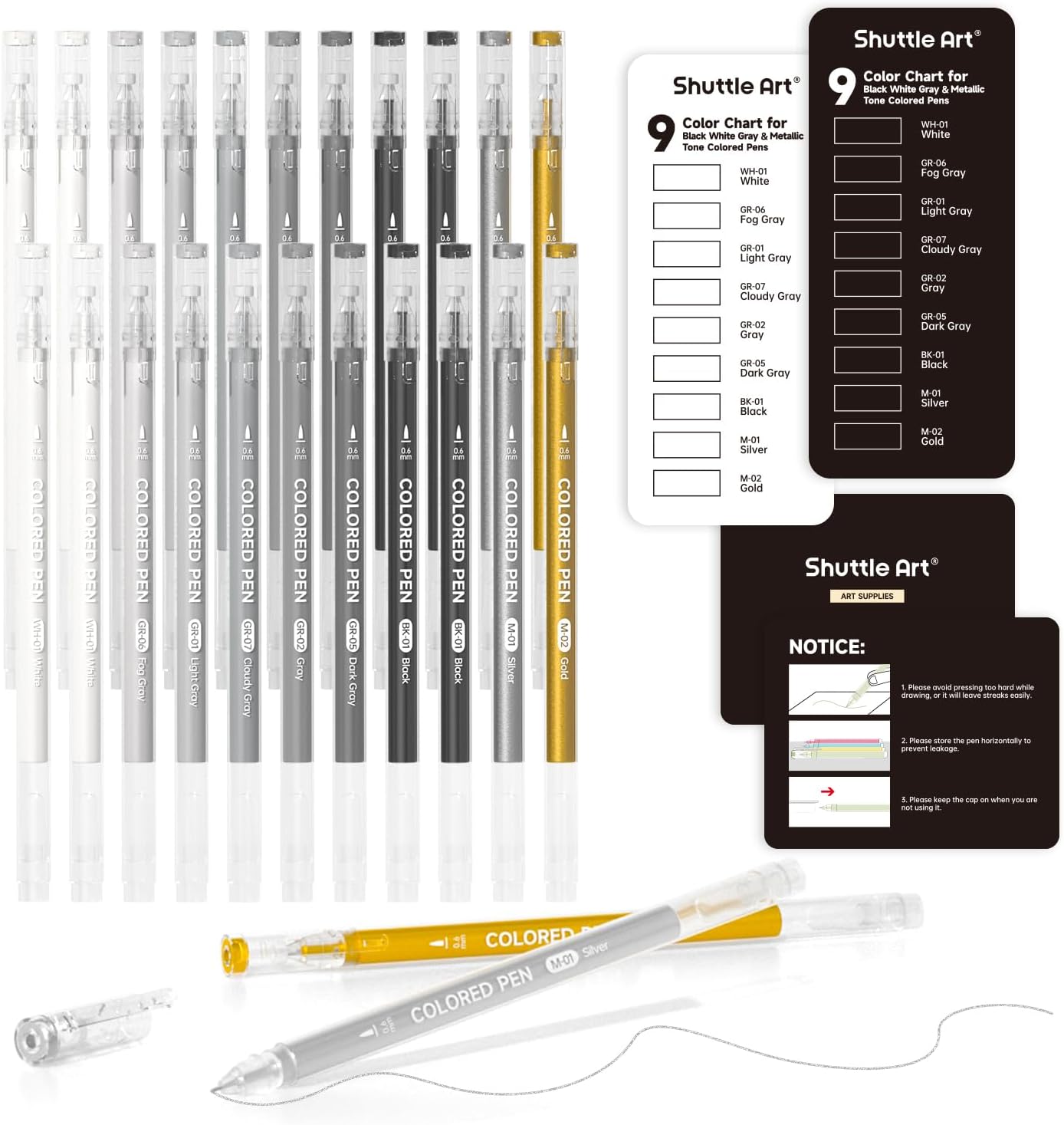Shuttle Art Colored Pens, 22 Black White Gray & Metallic Tone Colors Cute Journal Pens 0.6mm Fine Point Colored Gel Pens for Black Paper Writing Drawing Journaling Note Taking School Office Home