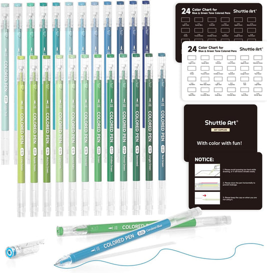 Shuttle Art Colored Pens, 24 Blue & Green Tone Colors Cute Journal Pens 0.6mm Fine Point Colored Gel Pens for Black Paper Adult Coloring Writing Drawing Journaling Note Taking School Office Home